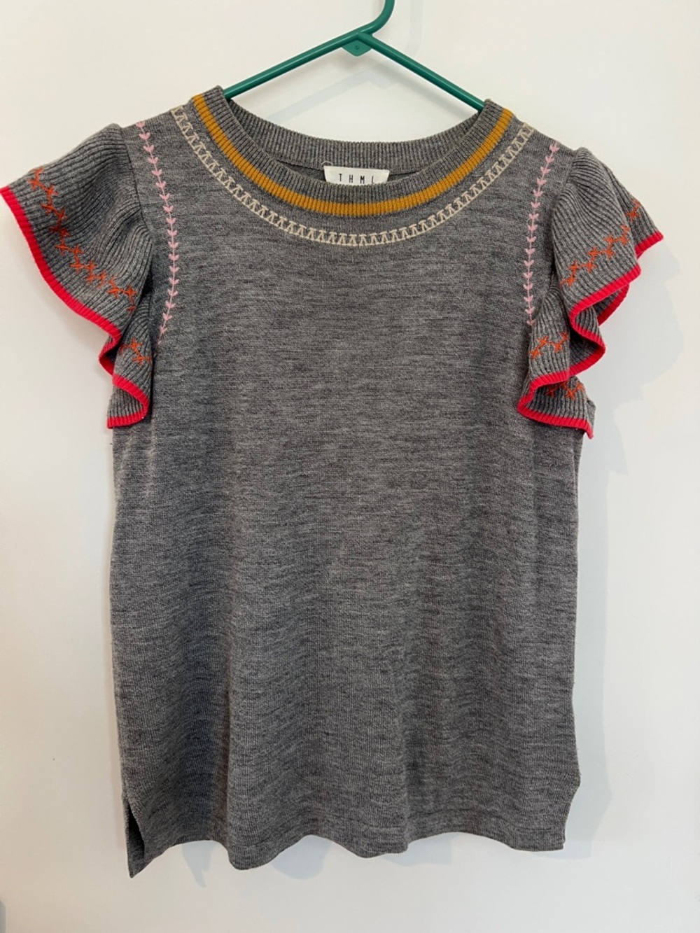 THML Gray Knit Sweater with Pink and Red Trim and Mustard Neck